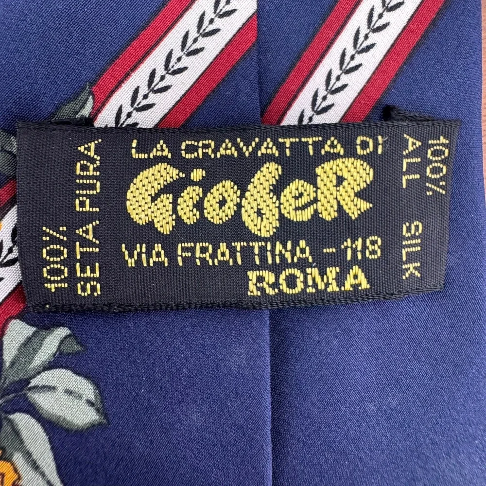 100%‎ Silk Giofer Floral Necktie Navy Blue, Red, Yellow Floral Print Italian 58